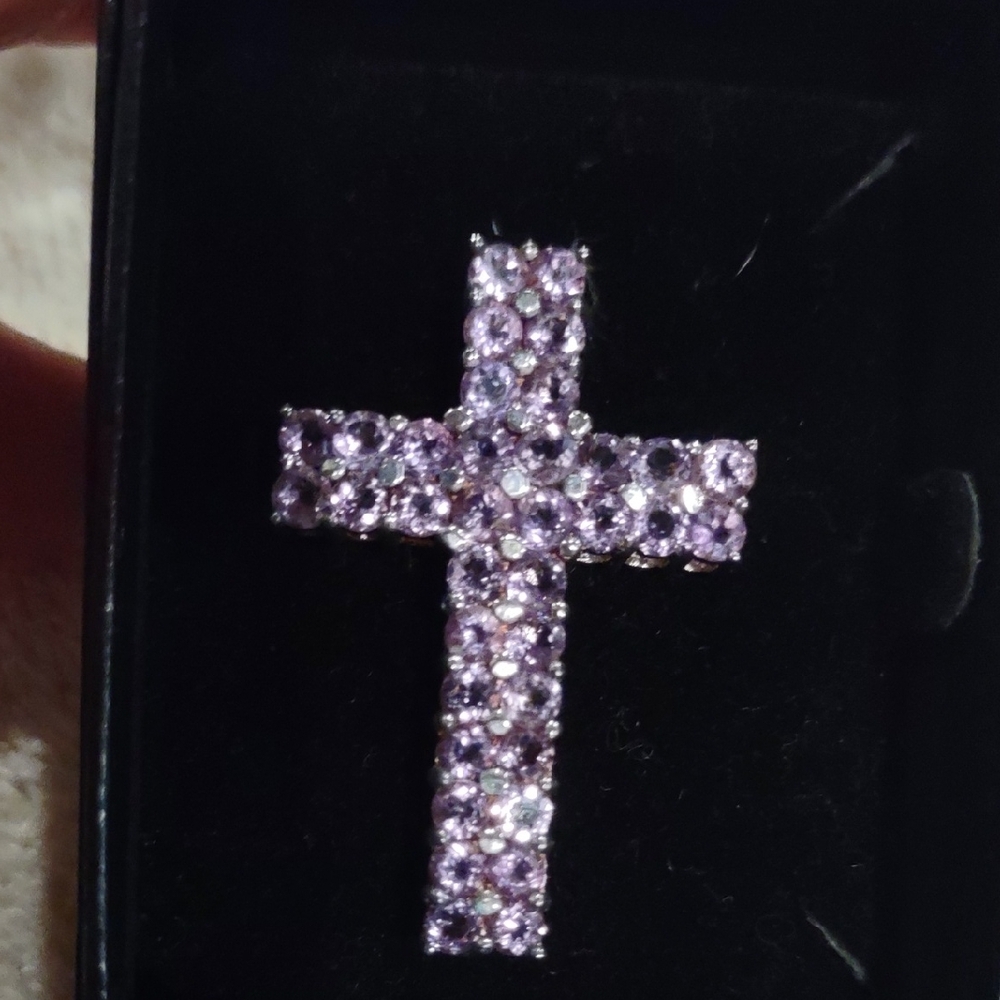 Amethyst Purple Gemstone Cross Pendant Set In Sterling Silver